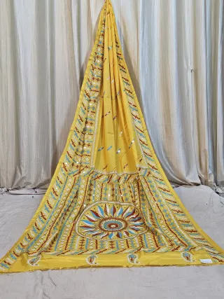 Premium Mustard Yellow Maika Gujarati Stitch Blended Bangalore Silk Saree