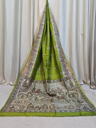 Premium Parrot Green Madhubani Print Pure Murshidabad Silk Saree