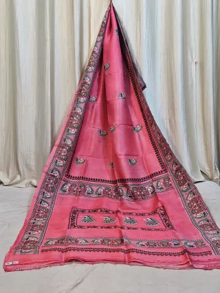 Premium Pink Madhubani Print Pure Murshidabad Silk Saree
