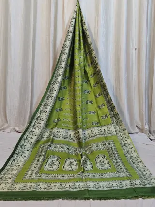 Premium Olive Green Madhubani Print Pure Murshidabad Silk Saree