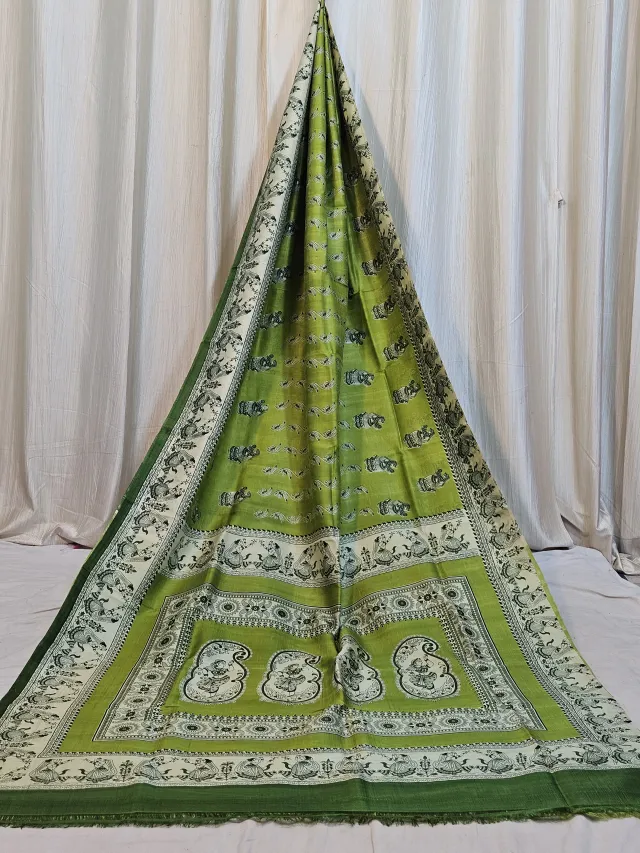 Premium Olive Green Madhubani Print Pure Murshidabad Silk Saree