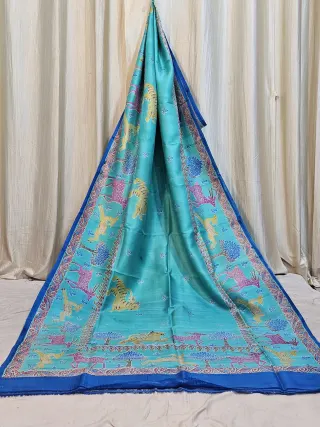 Premium Sky Blue Multicolour Madhubani Print Pure Murshidabad Silk Saree
