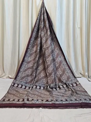 Premium Charcoal Black Ajrakh Inspired Geometric Print Pure Murshidabad Silk Saree