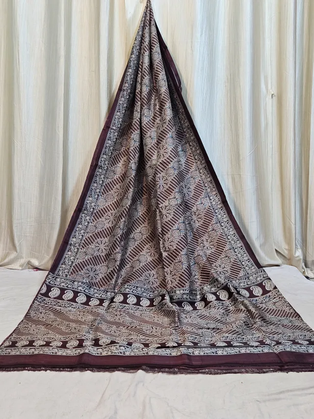 Premium Charcoal Black Ajrakh Inspired Geometric Print Pure Murshidabad Silk Saree