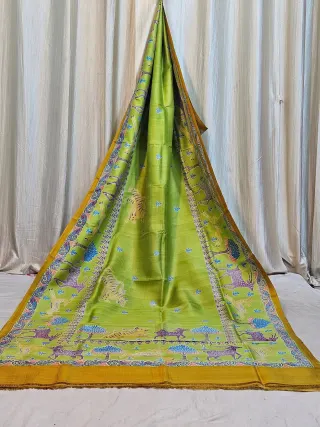 Premium Pistachio Green Madhubani Print Pure Murshidabad Silk Saree