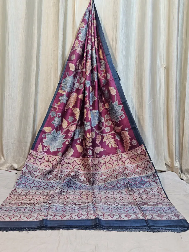 Premium Magenta Madhubani Floral Print Pure Murshidabad Silk Saree