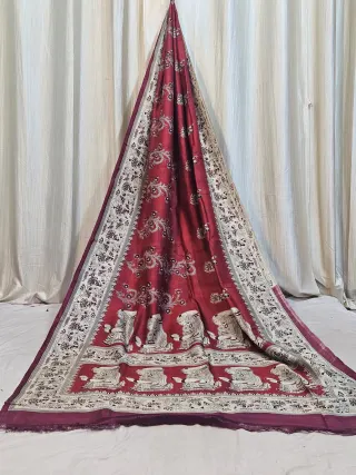 Premium Maroon Ivory Cream Madhubani Print Pure Murshidabad Silk Saree