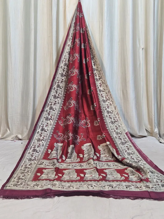 Premium Maroon Ivory Cream Madhubani Print Pure Murshidabad Silk Saree