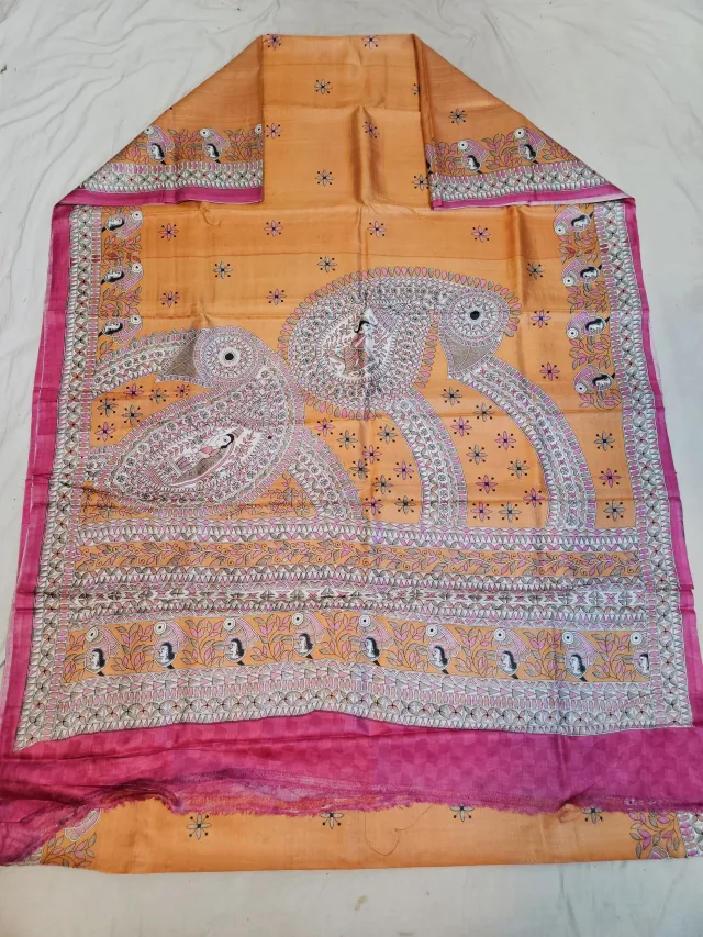 Premium Orange with Pink Madhubani Print Pure Murshidabad Silk Saree