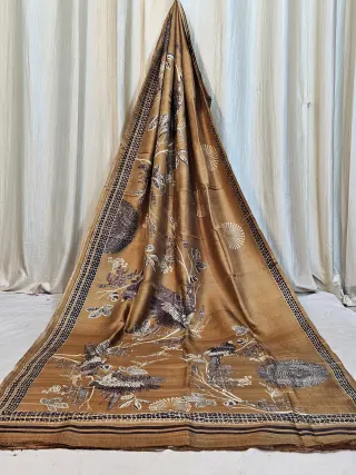 Premium Brown Bird & Floral Madhubani Print Pure Murshidabad Silk Saree
