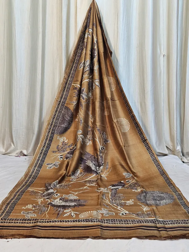 Premium Brown Bird & Floral Madhubani Print Pure Murshidabad Silk Saree