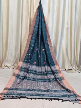 Premium Teal Blue with Coral Pink Khes Kantha Khadi Cotton Saree