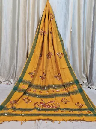 Premium Mustard Yellow with Olive Green Khes Kantha Khadi Cotton Saree