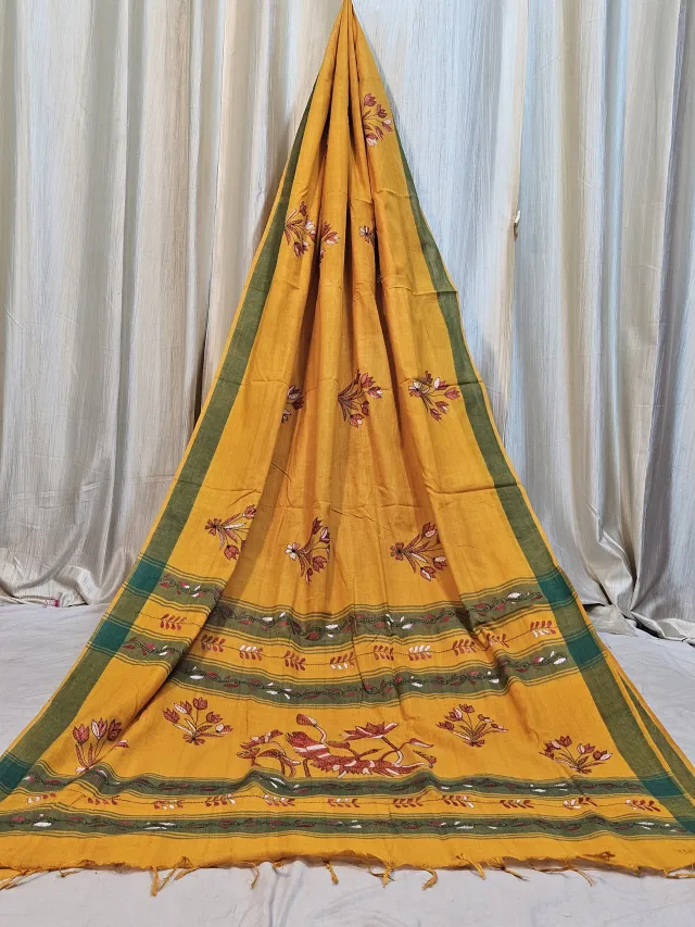 Premium Mustard Yellow with Olive Green Khes Kantha Khadi Cotton Saree