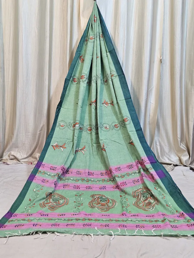 Premium Green with Deep Teal Khes Kantha Khadi Cotton Saree