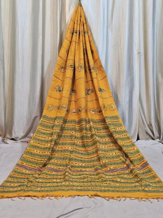 Premium Mustard Yellow & Olive Green Khes Kantha Khadi Cotton Saree