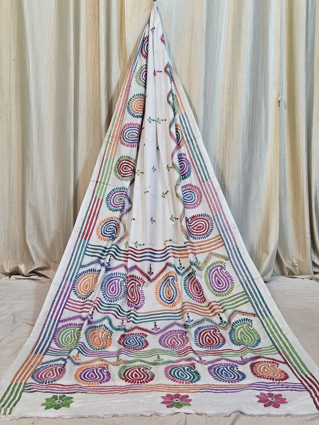 Premium Ivory White with Multicolour Kantha Stitch