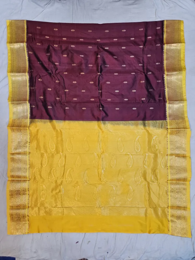 Premium Chocolate with Yellow & Gold Pure Kanjivaram Silk Saree