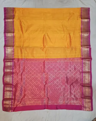 Premium Mustard Yellow with Magenta & Gold Pure Kanjivaram Silk Saree