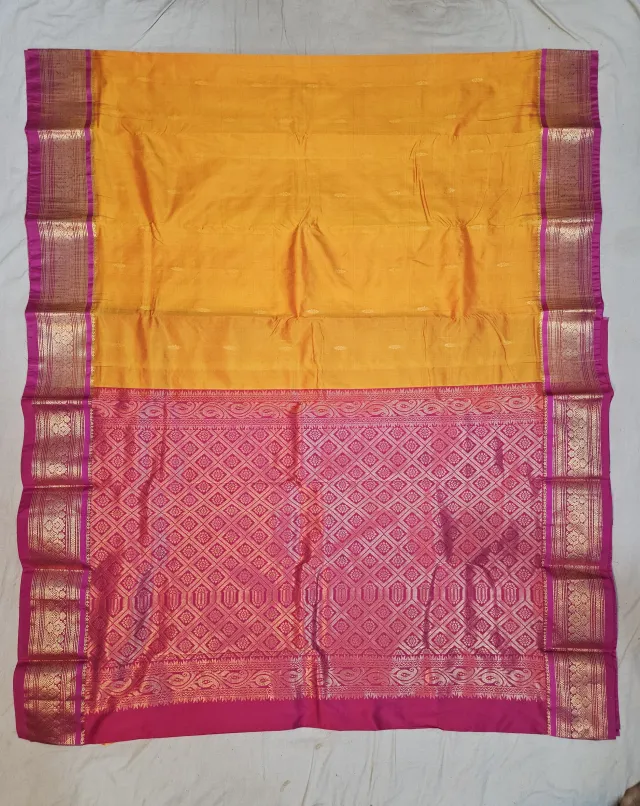Premium Mustard Yellow with Magenta & Gold Pure Kanjivaram Silk Saree