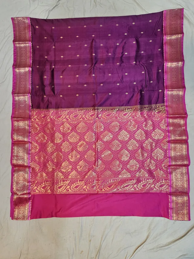 Premium Wine with Pink Edge Golden Zari Border Pure Kanjivaram Silk Saree