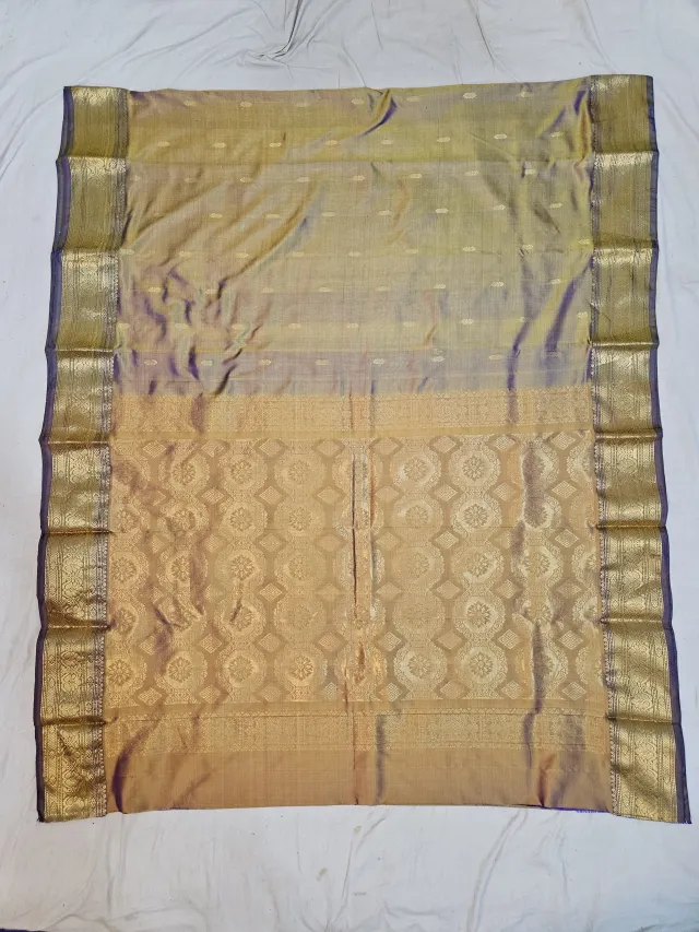 Premium Dual Tone Mustard Yellow with Navy Blue Pure Kanjivaram Silk Saree
