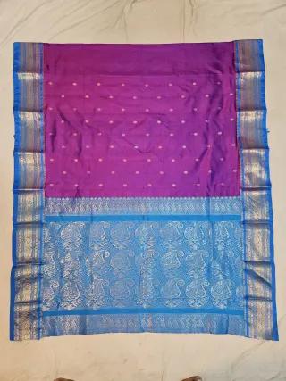 Premium Purple with Sky Blue Edge Golden Zari Pure Kanjivaram Silk Saree
