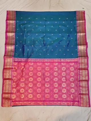 Premium Peacock Blue with Rani Pink Edge Golden Zari Pure Kanjivaram Silk Saree