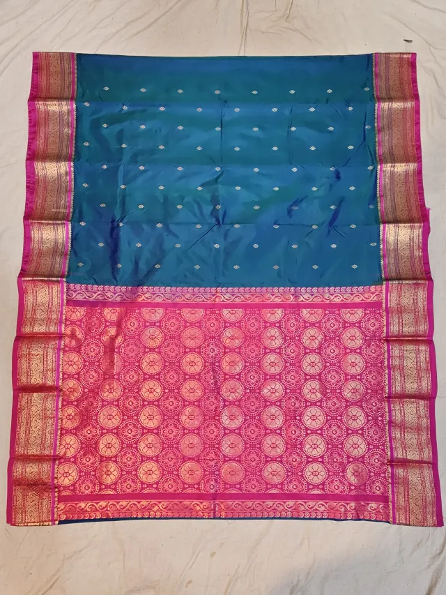 Premium Peacock Blue with Rani Pink Edge Golden Zari Pure Kanjivaram Silk Saree