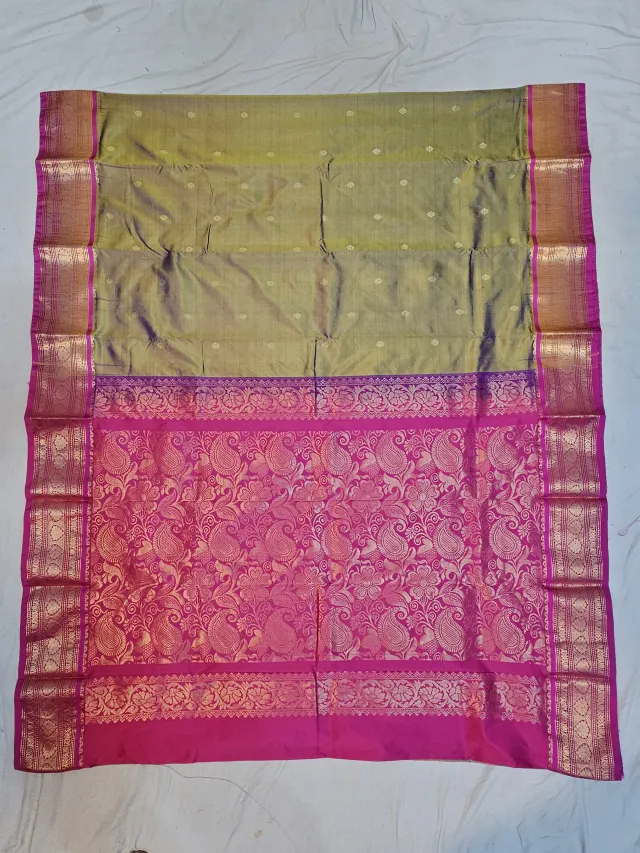 Premium Olive Green with Rani Pink Pure Kanjivaram Silk Saree