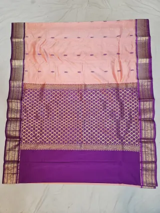 Premium Peach Pink with Purple Pure Kanjivaram Silk Saree