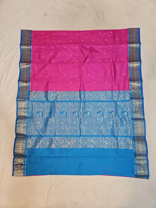 Premium Rani Pink with Sky Blue Pure Kanjivaram Silk Saree