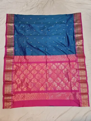 Premium Turquoise Blue with Rani Pink Golden Zari Pure Kanjivaram Silk Saree