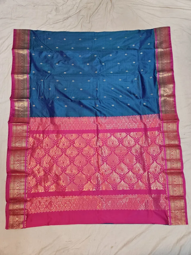 Premium Turquoise Blue with Rani Pink Golden Zari Pure Kanjivaram Silk Saree
