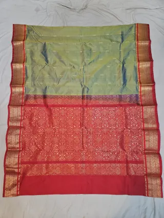 Premium Dual-Tone Olive Green Navy Blue with Red Pure Kanjivaram Silk Saree