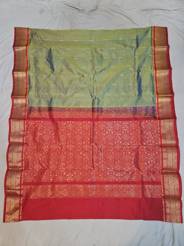 Premium Dual-Tone Olive Green Navy Blue with Red Pure Kanjivaram Silk Saree