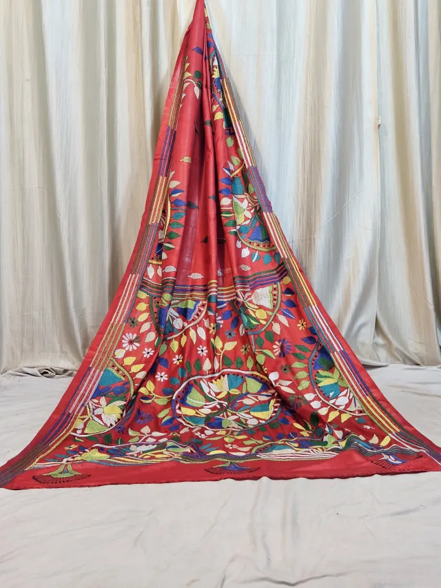 Premium Red Blended Bangalore Silk Kantha Stitch Saree