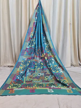 Premium Turquoise Blue Blended Bangalore Silk Kantha Stitch Saree