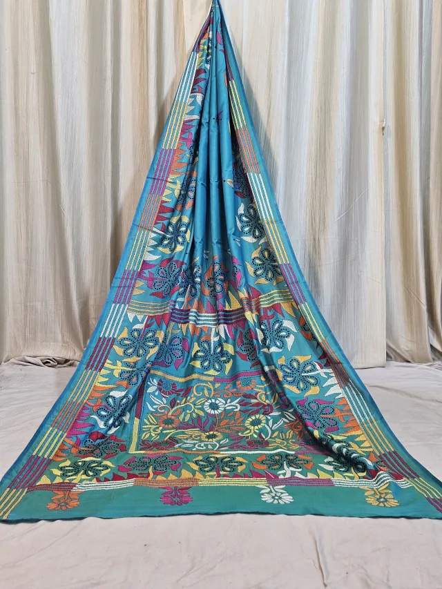 Premium Turquoise Blue Blended Bangalore Silk Kantha Stitch Saree