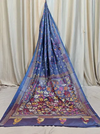 Premium Dual-Tone Blue and Rani Pink Blended Bangalore Silk Kantha Stitch Saree