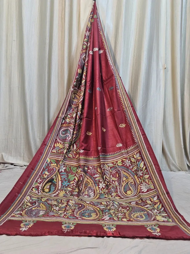 Premium Deep Maroon Blended Bangalore Silk Kantha Stitch Saree