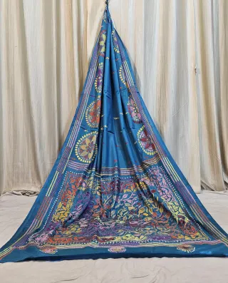 Premium Firoza Blue Blended Bangalore Silk Kantha Stitch Saree