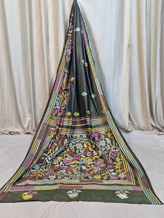 Premium Olive Green Blended Bangalore Silk Kantha Stitch Saree