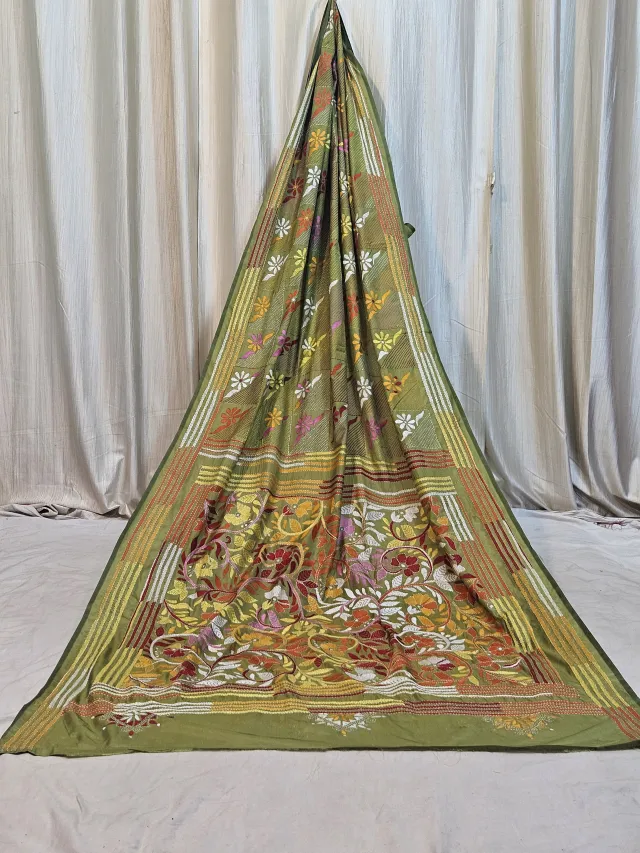Premium Mehendi Green Blended Bangalore Silk Kantha Stitch Saree