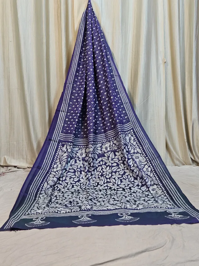 Premium Deep Purple Pure White Hand-Embroidered Kantha Stitch Saree
