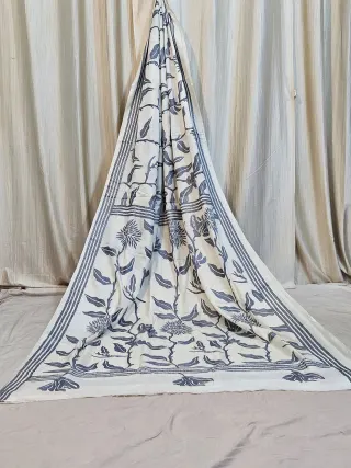 Premium Off-White Blended Bangalore Silk Kantha Stitch Saree