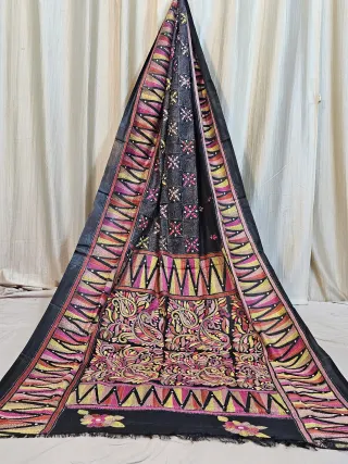 Premium Black Blended Bangalore Silk Paisley Kalka Kantha Stitch Saree