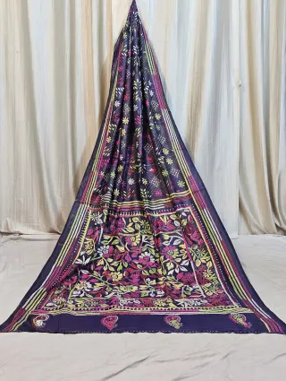 Premium Dark Purple Blended Bangalore Silk Kantha Stitch Saree