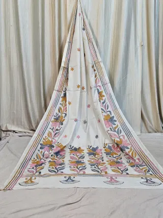 Premium Off-White Multicolor Blended Bangalore Silk Kantha Stitch Saree