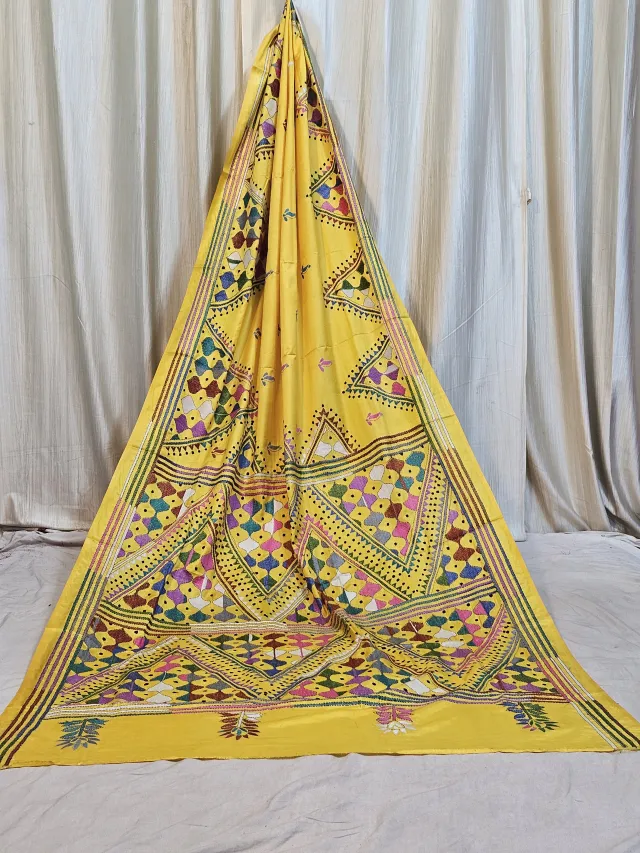 Premium Yellow Blended Bangalore Silk Kantha Stitch Saree